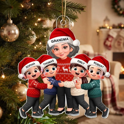 Personalized Acrylic Ornament, Cartoon Grandma Hugging Grandkids, Red Christmas Decor, Unique Gift for Grandma