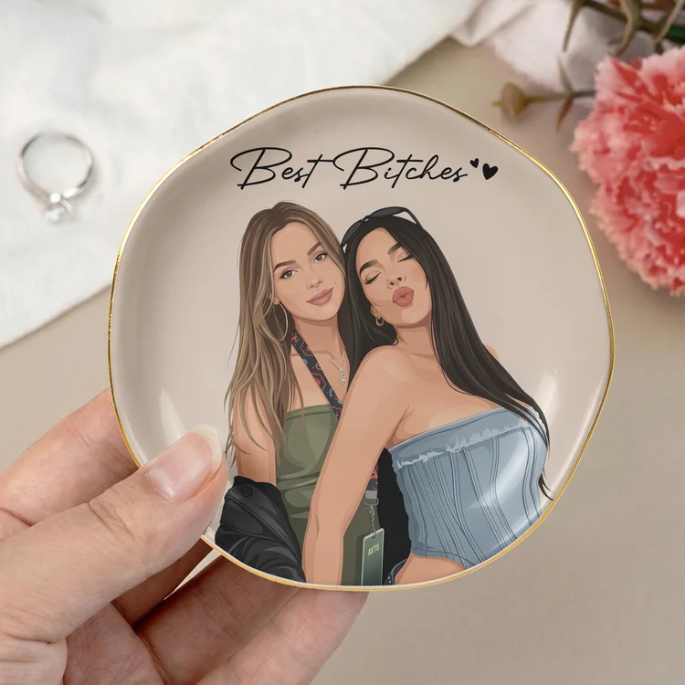 Personalized Jewelry Dish, Modern Friends Raising Glasses Illustration, Vanity Decor, Unique Gift for a Best Friend
