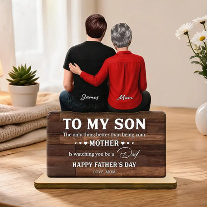 Custom Wooden Plaque for Son, Mom Resting Hand Artwork, Creative Heartfelt Gift from Mother
