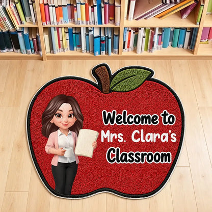 Personalized Shaped Doormat with Smiling Teacher & Apple, Unique Back to School Gift for Teacher