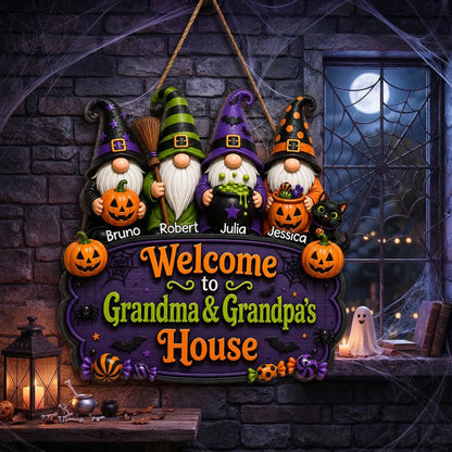 Personalized Wooden Sign With Halloween Gnomes & Pumpkins, Custom Door Decor, Unique Gift for Grandparents
