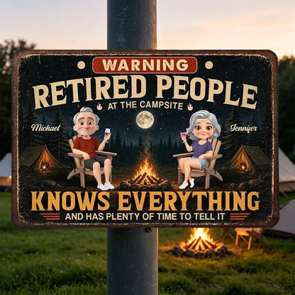 Personalized Rectangular Iron Sign, Retired Campsite Cartoon, Unique Gift for Retirees