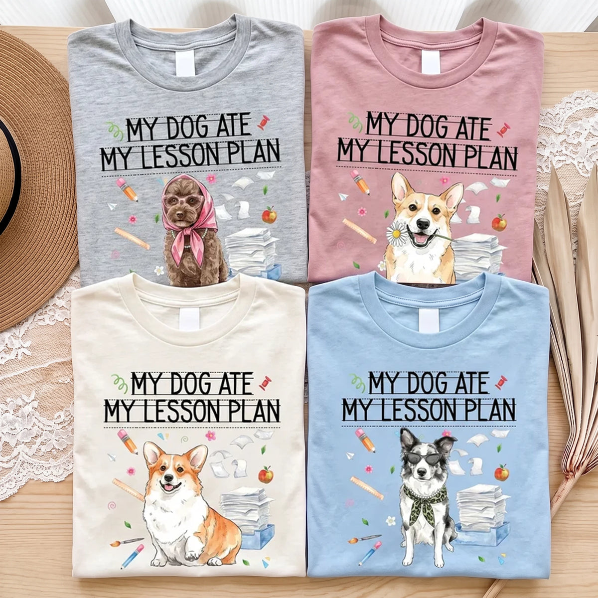 Personalized Classic Tee, My Dog Ate My Lesson Plan Dog Illustration, Unique Creative Gift for Teacher