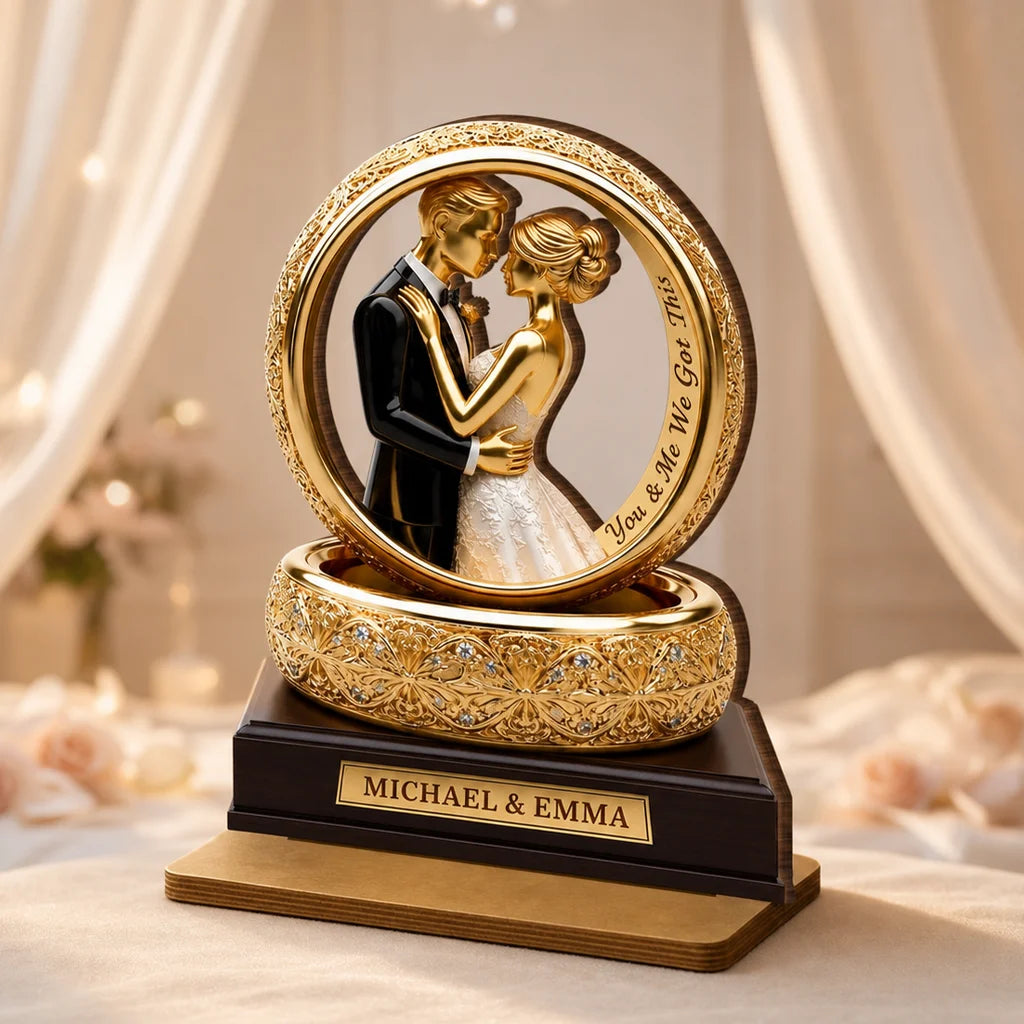 Personalized 2-Layer Wooden Plaque With Golden Embracing Couple, Unique Anniversary Gift For Couples