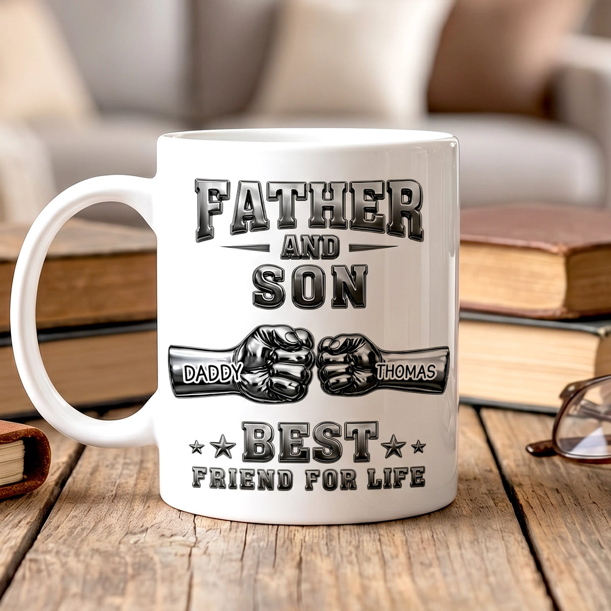 Personalized Ceramic Mug, Father & Son Fist Bump Design, Unique Gift for Dad, Best Friend for Life Keepsake