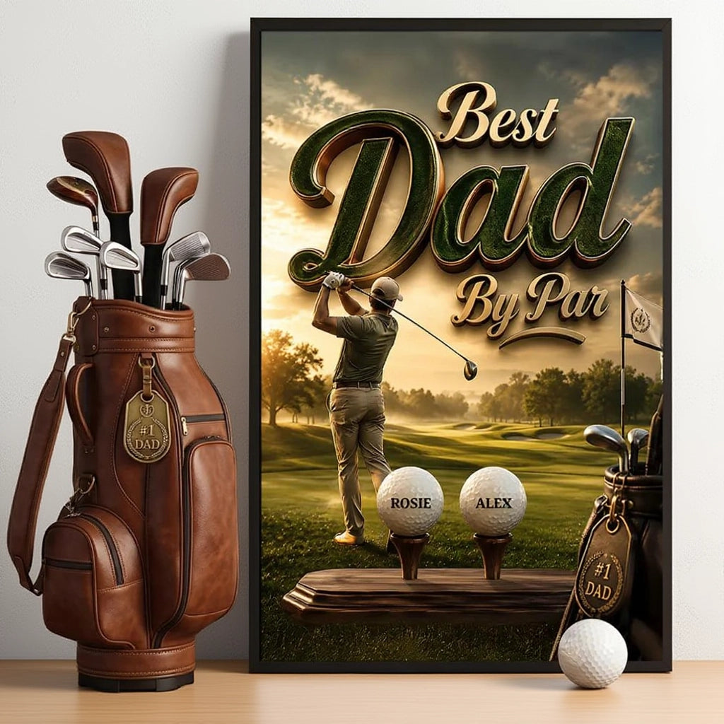 Personalized Golf Poster with Best Dad By Par, Golfer at Sunset Course, Unique Gift for Dad