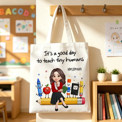 Personalized Teacher Tote Bag, Tiny Humans Classroom Illustration, Unique Back To School Gift