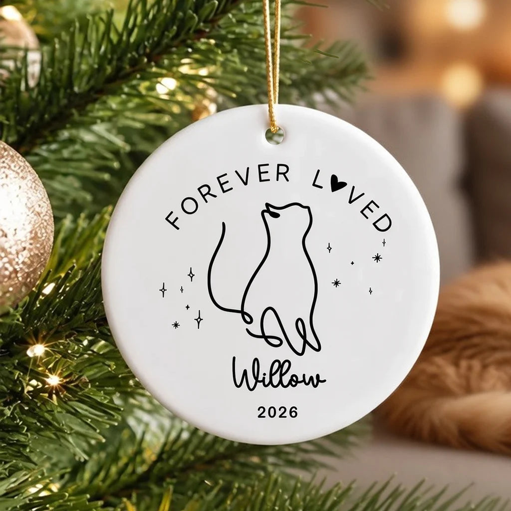 Personalized Cat Memorial Ceramic Ornament, Forever Loved Christmas Tree Keepsake, Unique Gift for Cat Owner