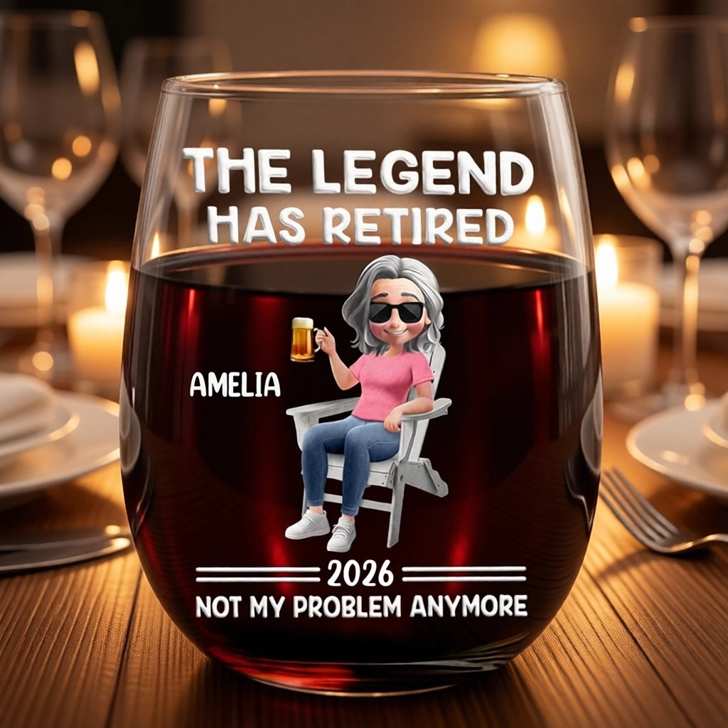Personalized Wine Glass with Funny Retirement Quote and Relaxing Cartoon Character, Unique Gift for Retiree