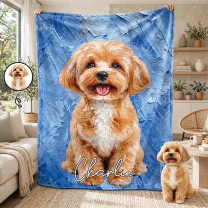 Personalized Fleece Blanket with Oil Painted Sitting Dog Portrait, Creative Gift for Dog Lovers