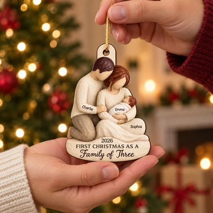 Wooden Ornament, Personalized New Family Keepsake, Tender Parents Holding Baby, Creative Gift for New Parents