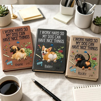 Personalized Leather Journal with Playful Cartoon Dog, Sunlit Work Desk Theme, Creative Gift for Dog Lovers
