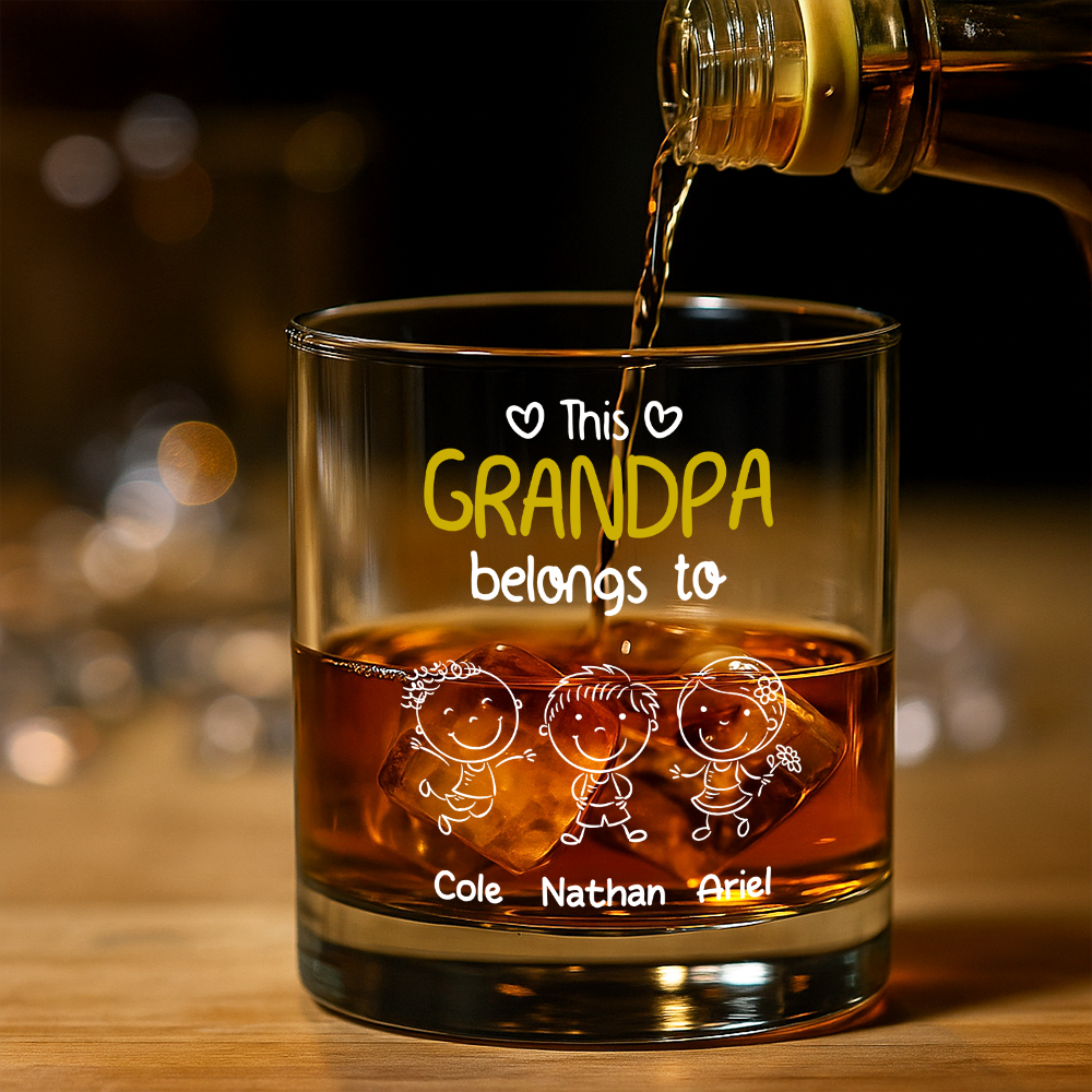 “This Grandpa Belongs To” Whiskey Glass – Personalized Family Gift Full of Love for Grandpa