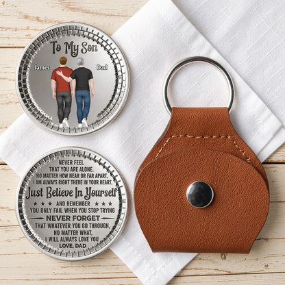 Personalized Pocket Hug for Son from Dad, Back View Walking Illustration, Encouraging Keepsake Token, Unique Gift