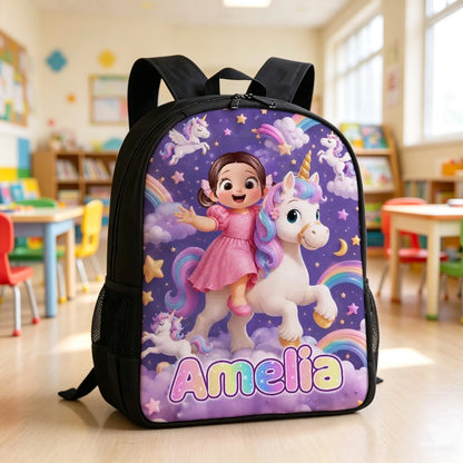 Personalized Kids School Backpack, Girl Riding Unicorn Design, Unique Back to School Gift for Daughter