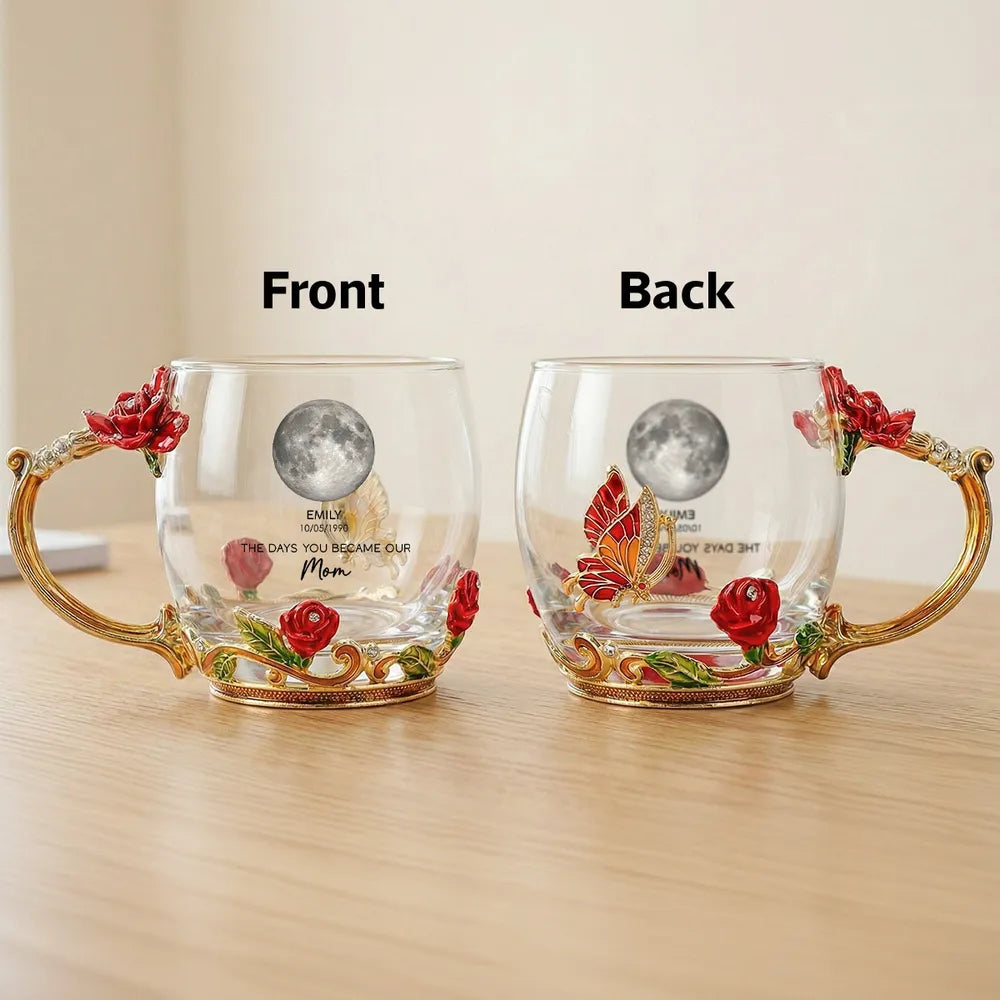 Personalized Enamel Flower Tea Cup with Custom Moon Phase for Mom - A Unique Gift That Celebrates Her Story