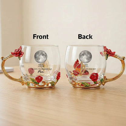 Personalized Enamel Flower Tea Cup with Custom Moon Phase for Mom - A Unique Gift That Celebrates Her Story