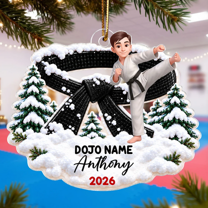 Personalized Karate Acrylic Ornament, High Kick in Snowy Pines, Unique Christmas Gift for Young Martial Artists