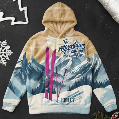 Personalized Printed Flannel Hoodie, Mountains Are Calling Design, Creative Gift for Mountain Lovers