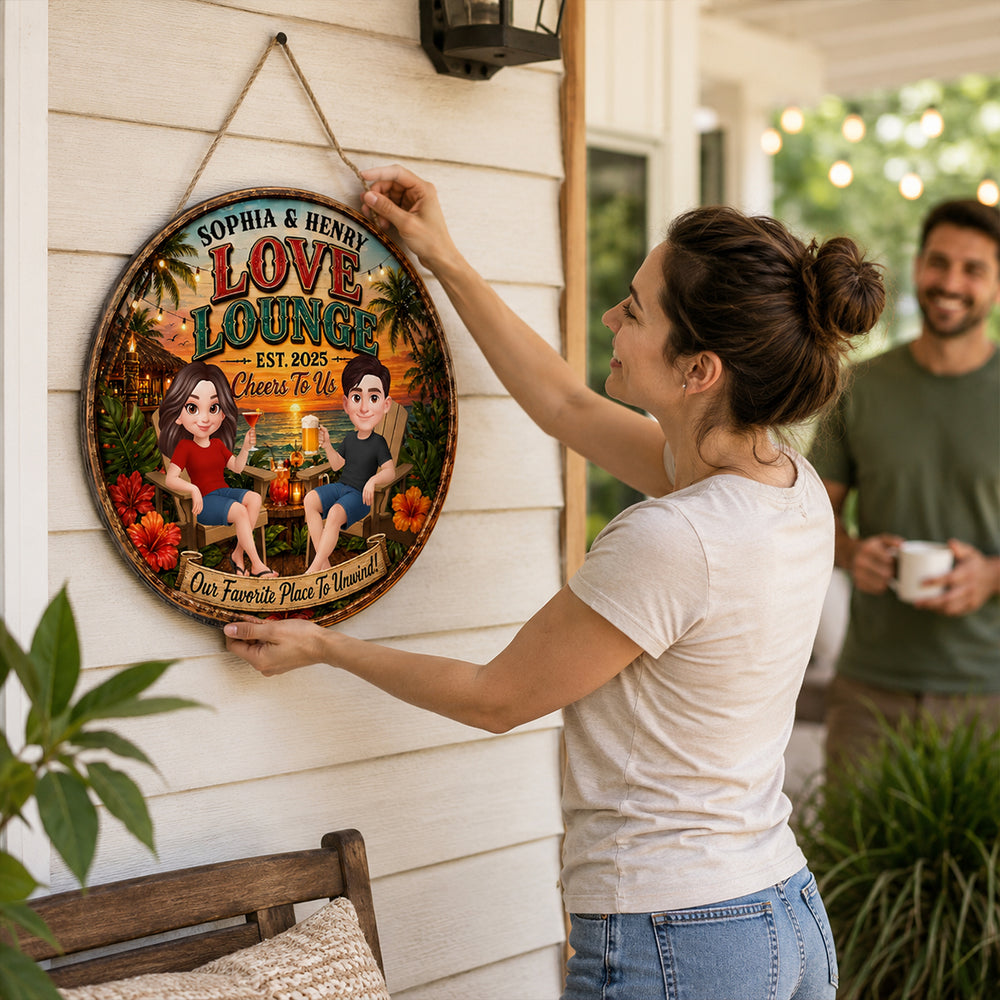 Personalized Wooden Sign, Couple Holding Drinks at Sunset Lounge, Unique Gift for Partners