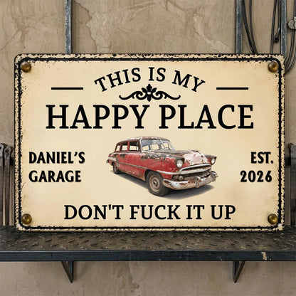 Personalized Rectangular Iron Sign, Vintage Garage Happy Place, Unique Creative Gift for Car Guys