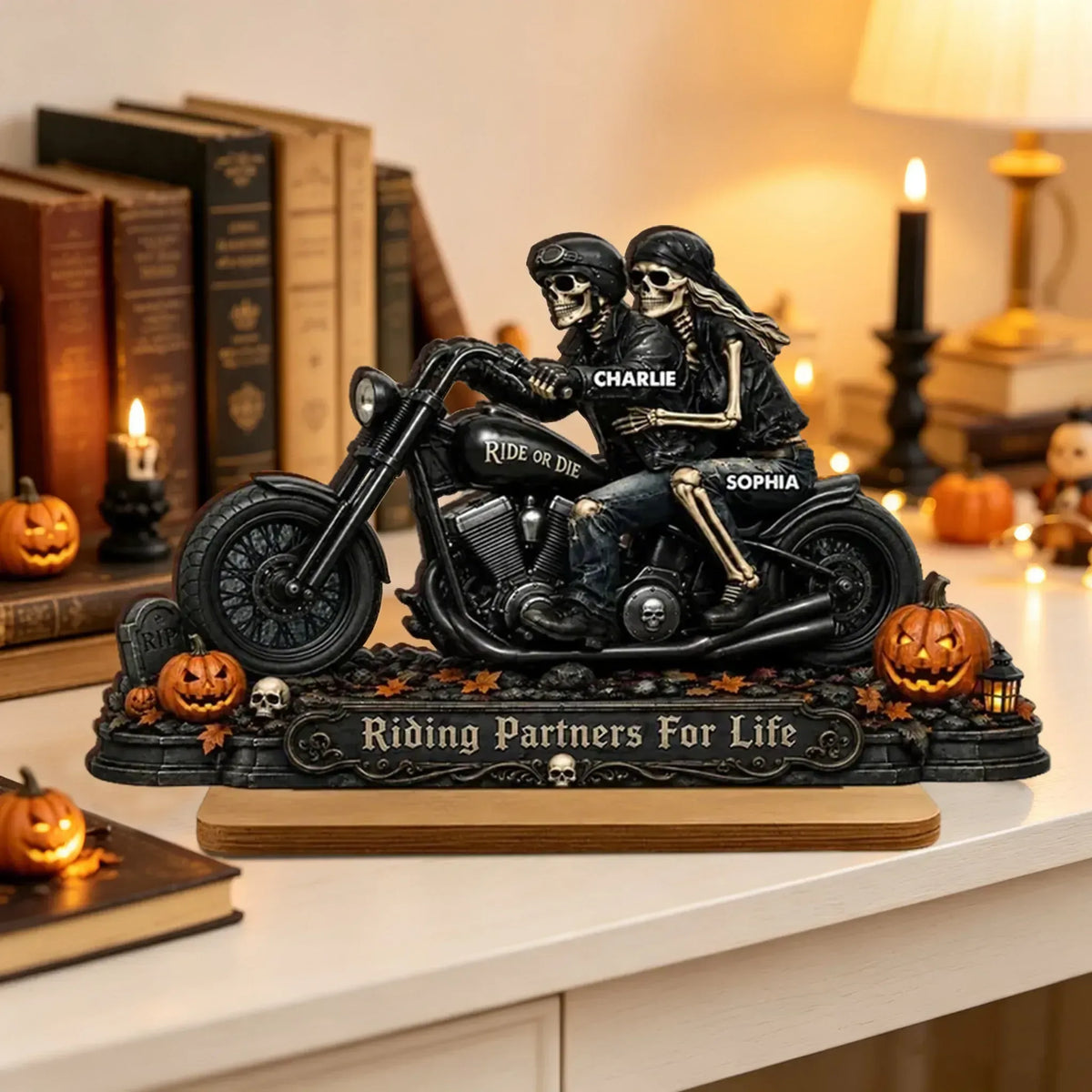 2-Layer Wooden Plaque, Personalized Skeleton Biker Couple Halloween Decor, Unique Gift for Couples