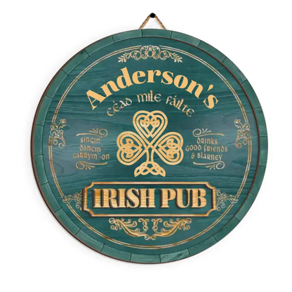 Personalized Irish Pub Clover Wooden Sign Round Green Bar Decor With Celtic Style Lettering Unique St. Patrick's Day Gift