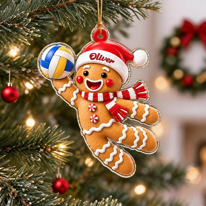 Personalized Acrylic Ornament, Cute Gingerbread Holding a Volleyball, Unique Christmas Gift for Sports Fans