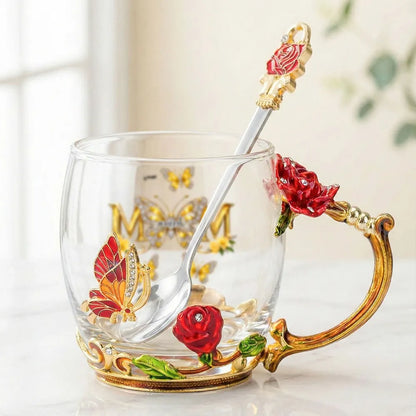 Personalized Enamel Flower Tea Cup with Butterfly Mom Monogram, Unique Gift for Mom, Warm Everyday Tea Moment