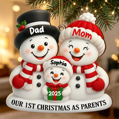 Our First Christmas as Parents Personalized Wooden Ornament, Red Snowman Family, Creative Keepsake Gift for Mom and Dad