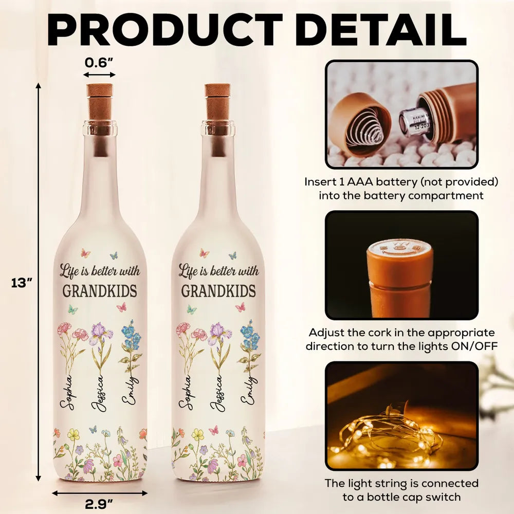 Bottle Lamp Personalized for Grandkids, Soft Warm Ambient Light with Wildflowers, Thoughtful Home Decor Gift for Grandma