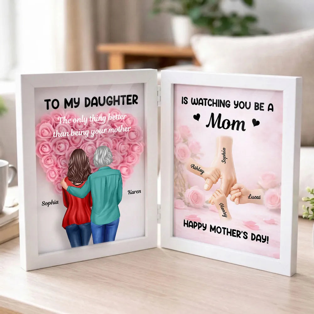 Personalized Foldable Floral Shadow Box, Mom and Daughter Hugging Art, Mother's Day Heartfelt Keepsake, Unique Gift for Mom