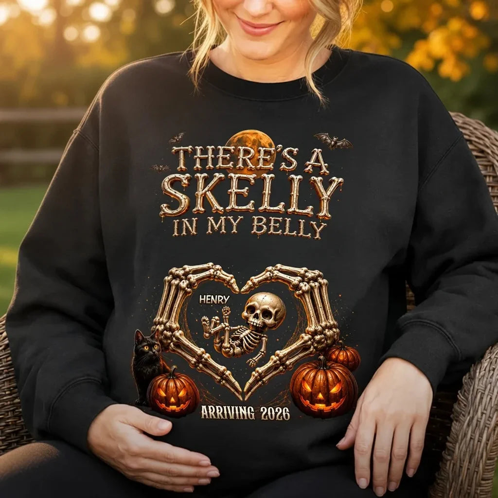 Personalized Sweatshirt, Skelly in My Belly Skeleton Heart Design, Unique Halloween Gift for Mom-to-Be