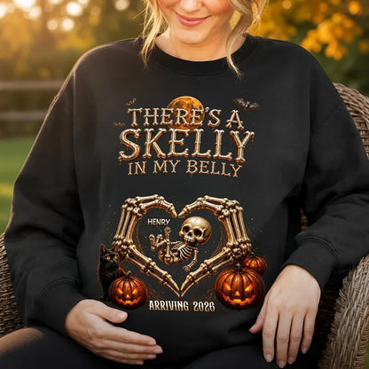 Personalized Sweatshirt, Skelly in My Belly Skeleton Heart Design, Unique Halloween Gift for Mom-to-Be