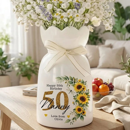 Happy Birthday Personalized Scalloped Rim Ceramic Vase, Heartfelt Creative Gift with Sunflower Art