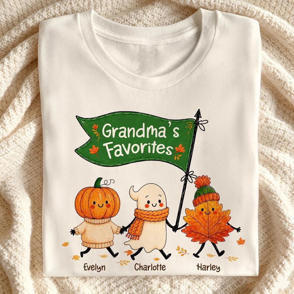 Classic Tee with Cute Pumpkin, Ghost & Leaf Holding Hands, Personalized Creative Gift for Grandma