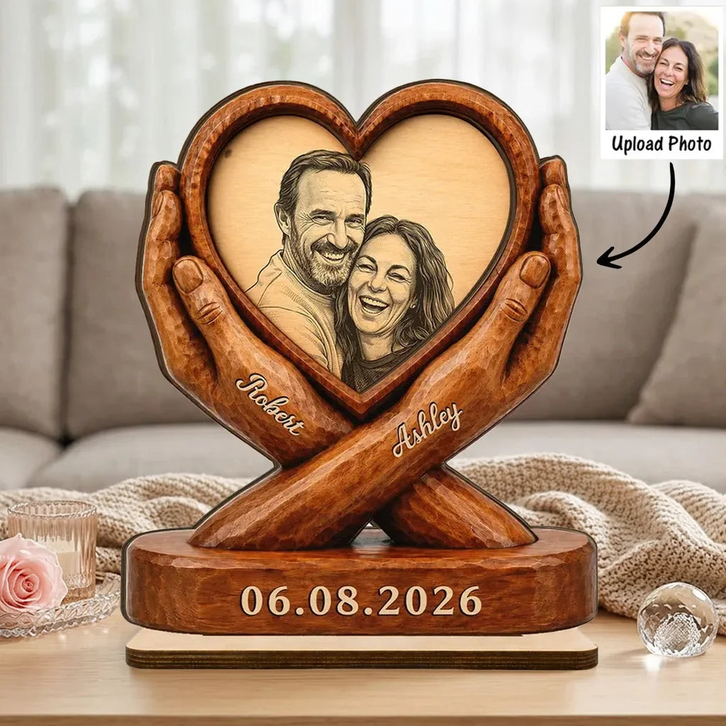 Personalized 2-Layer Wooden Plaque, Smiling Couple in a Heart, Unique Anniversary Gift