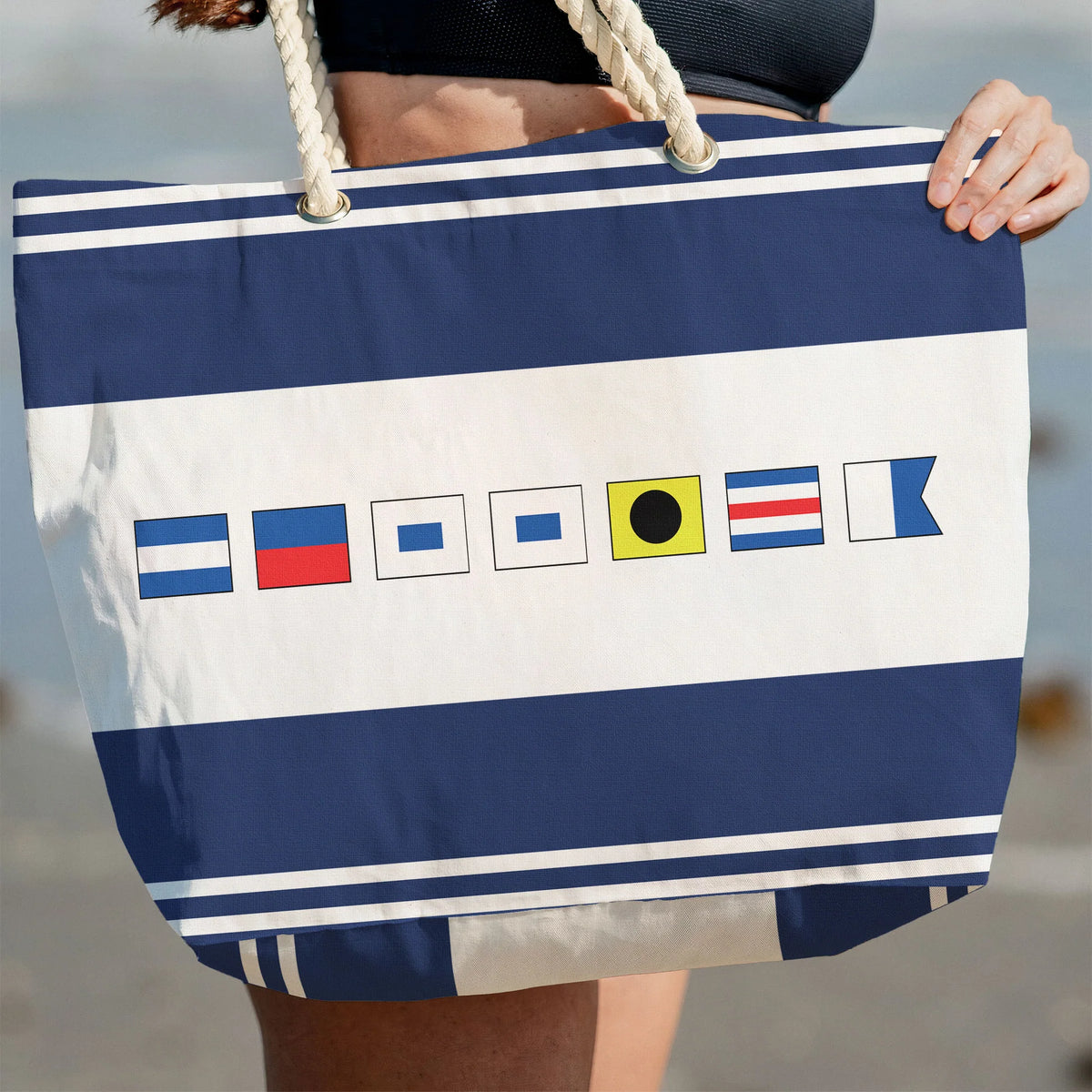 Personalized Nautical Flag Rope Handle Canvas Bag for Beach Days - Unique Coastal Gift for Her