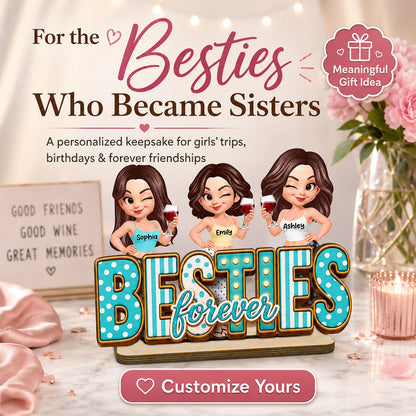 Besties Forever Wooden Plaque with Girls Raising Drinks, Creative Gift for Sister or Friend