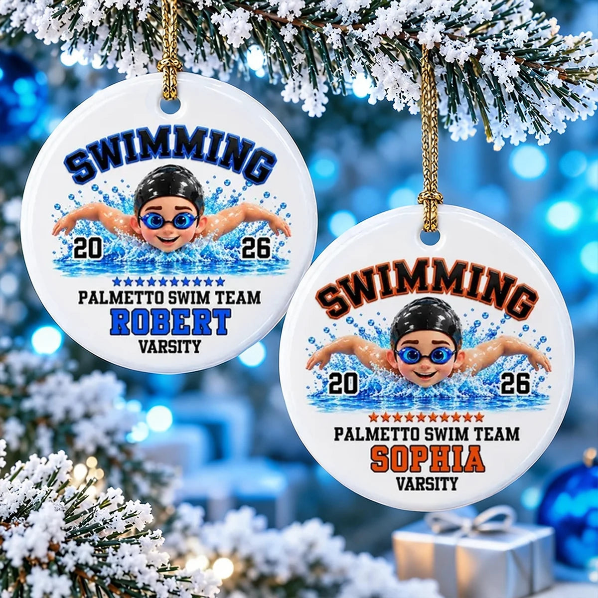 Personalized Swimming Ceramic Ornament, Colorful Swimmer in Action, Unique Christmas Gift for Son or Daughter