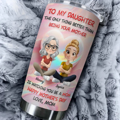 Personalized Insulated Travel Tumbler with Cute Mom and Daughter Cartoon, Heart Background, Unique Mother's Day Gift