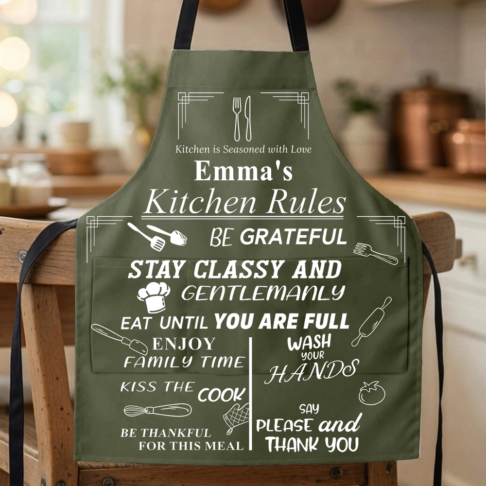 Personalized Kitchen Rules Apron with Custom Name - Funny Gift for Home Cooks, Durable "Seasoned with Love" Pocket Design