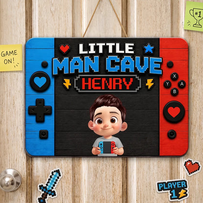 Personalized Little Man Cave Wooden Sign, Cartoon Gamer Holding Controller, Unique Gift for Boys and Gamers