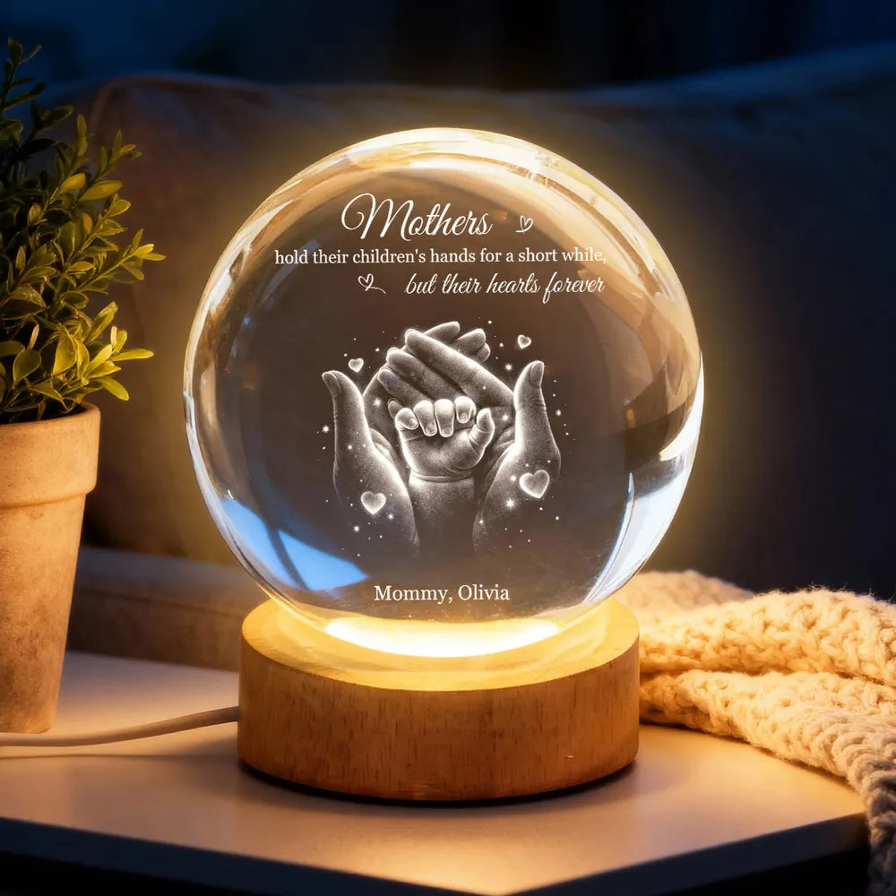 Personalized Crystal Ball LED Night Light Mother & Child Hands Night Light, Heartwarming Keepsake, Unique Gift for Mom