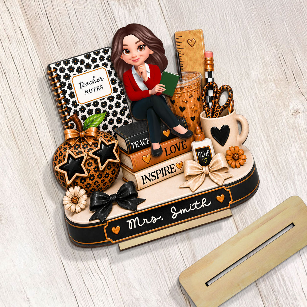 Personalized 2-Layer Wooden Plaque, Seated Teacher & Leopard Desk Decor, Unique Creative Gift for Teacher