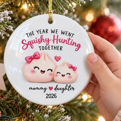 Personalized Ceramic Ornament, Pink Cartoon Mommy Daughter Squishy Hunting Together, Unique Gift for Mom