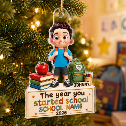 Personalized School Year Acrylic Ornament, Smiling Child with Books and Apple, Creative Gift for Proud Parents
