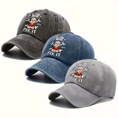 Washed Denim Baseball Cap Personalized for the One Who Can Fix It, Relaxed Vintage Style for Outdoor Wear, Thoughtful Gift
