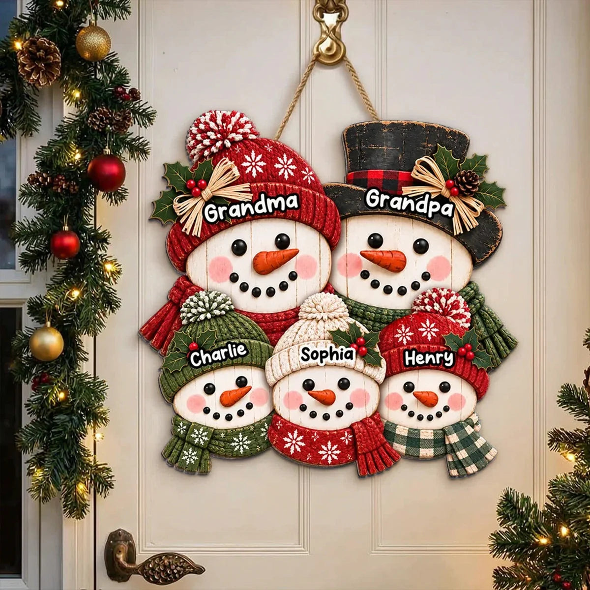 Personalized Wooden Sign, Rustic Red and Green Snowman Family Christmas Decor, Creative Gift for Grandma and Grandpa