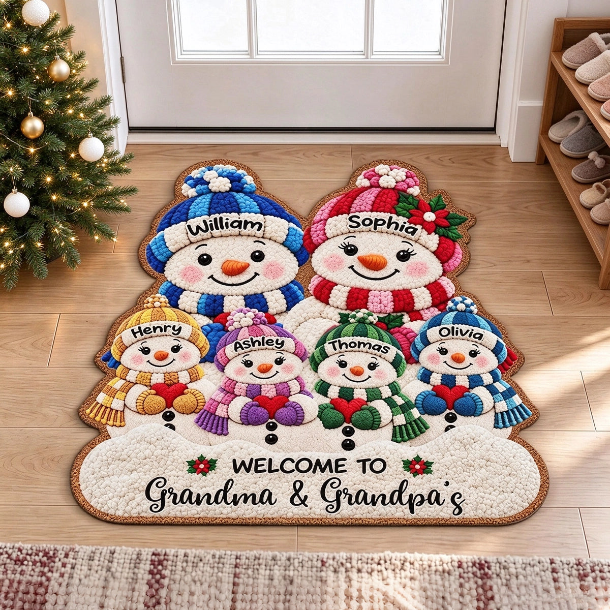 Personalized Shaped Doormat, Cute Snowman Grandparents & Grandkids at a Christmas Entryway, Unique Family Gift